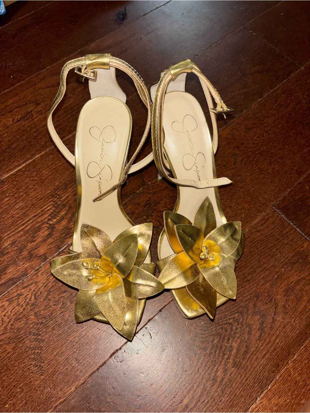 Jessica Simpson Metallic Gold Floral Ankle-Strap Heels